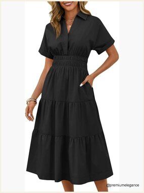 Summer Maxi Dress V Neck Smocked Waist Tiered Flowy with Pockets